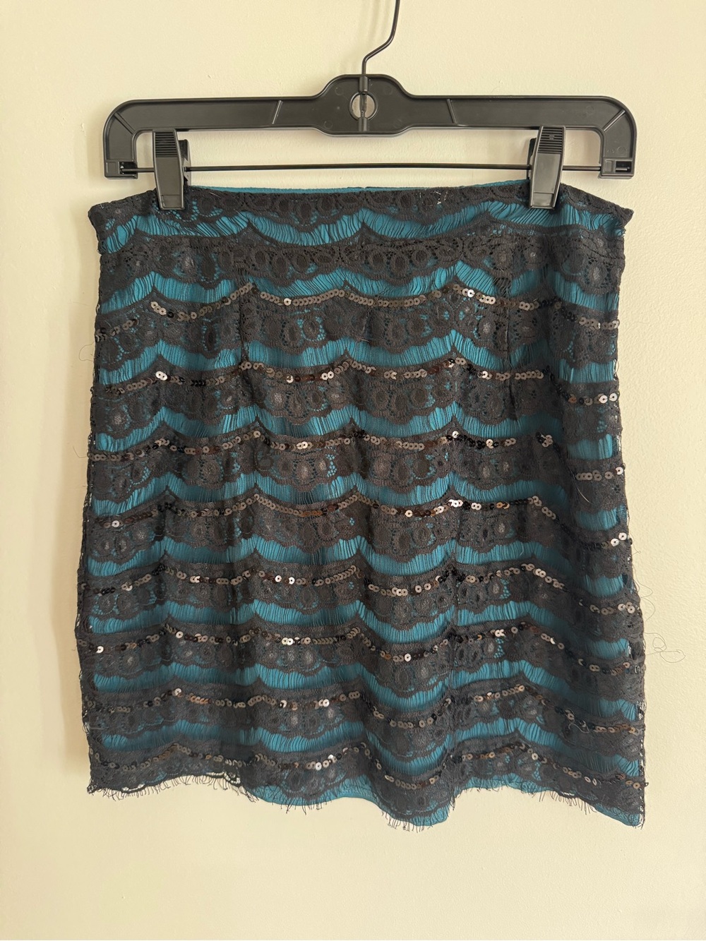 Teal and Black Lace Sequin Mini Skirt